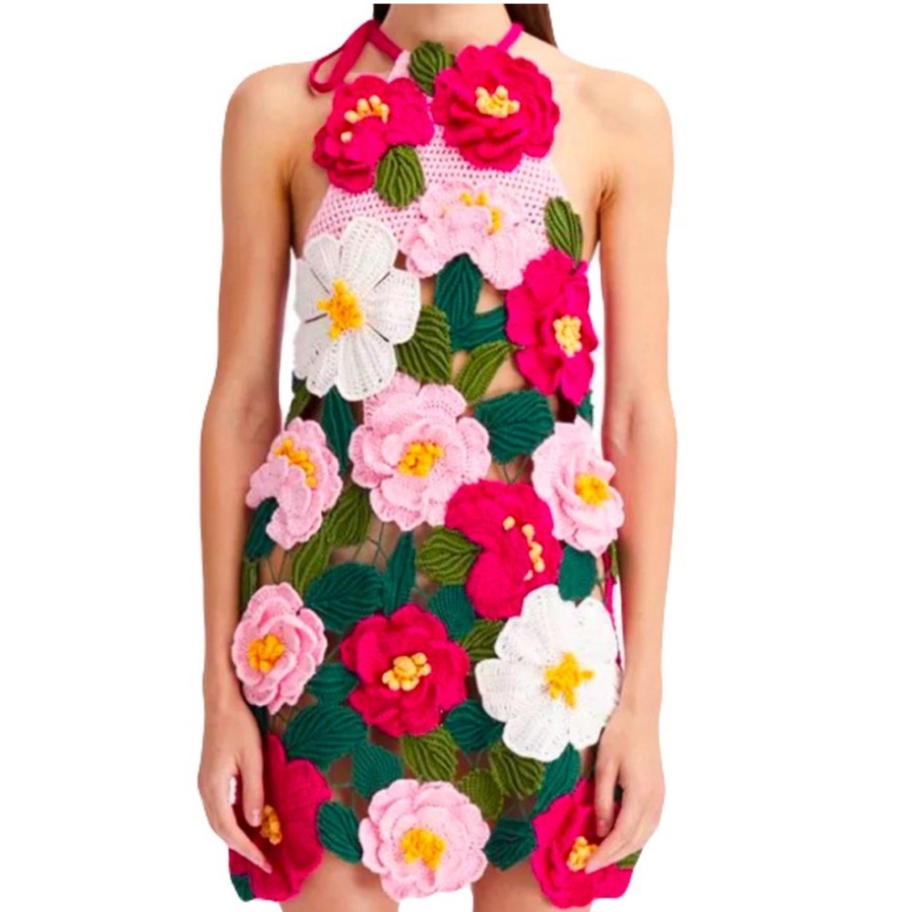 Oscar de la Renta Camellia crochet-knit halterneck minidress